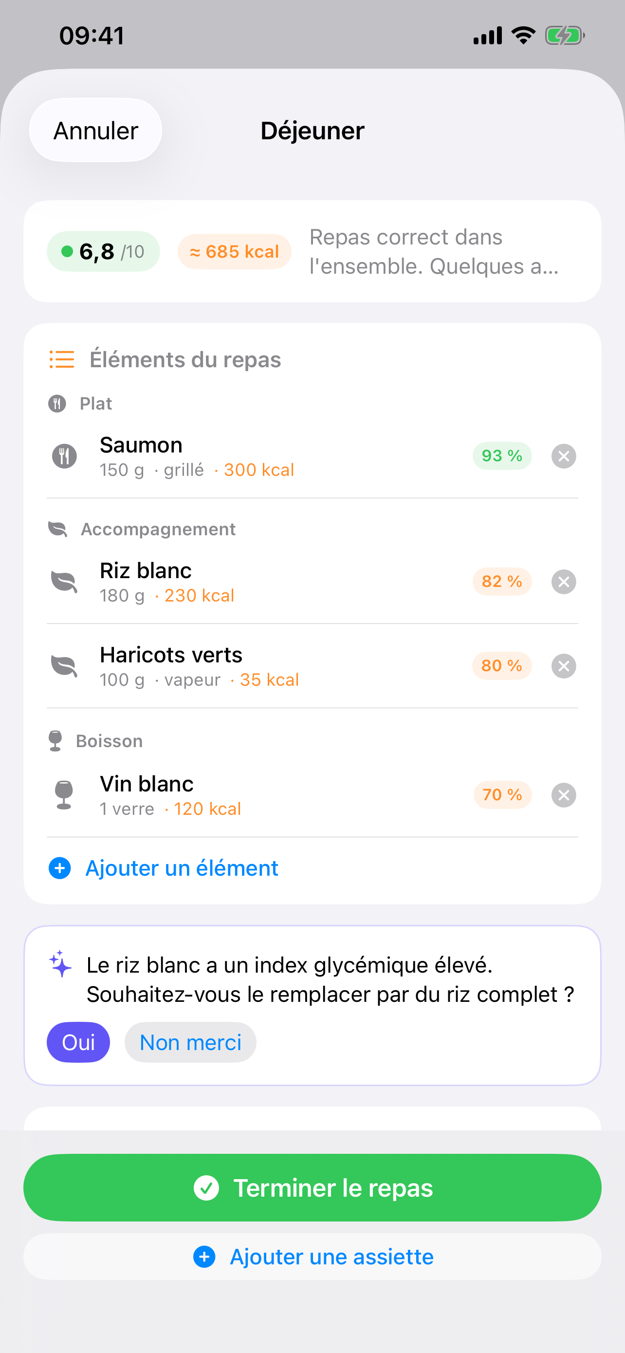 Écran TrackUrNutri : Analyse intelligente des repas