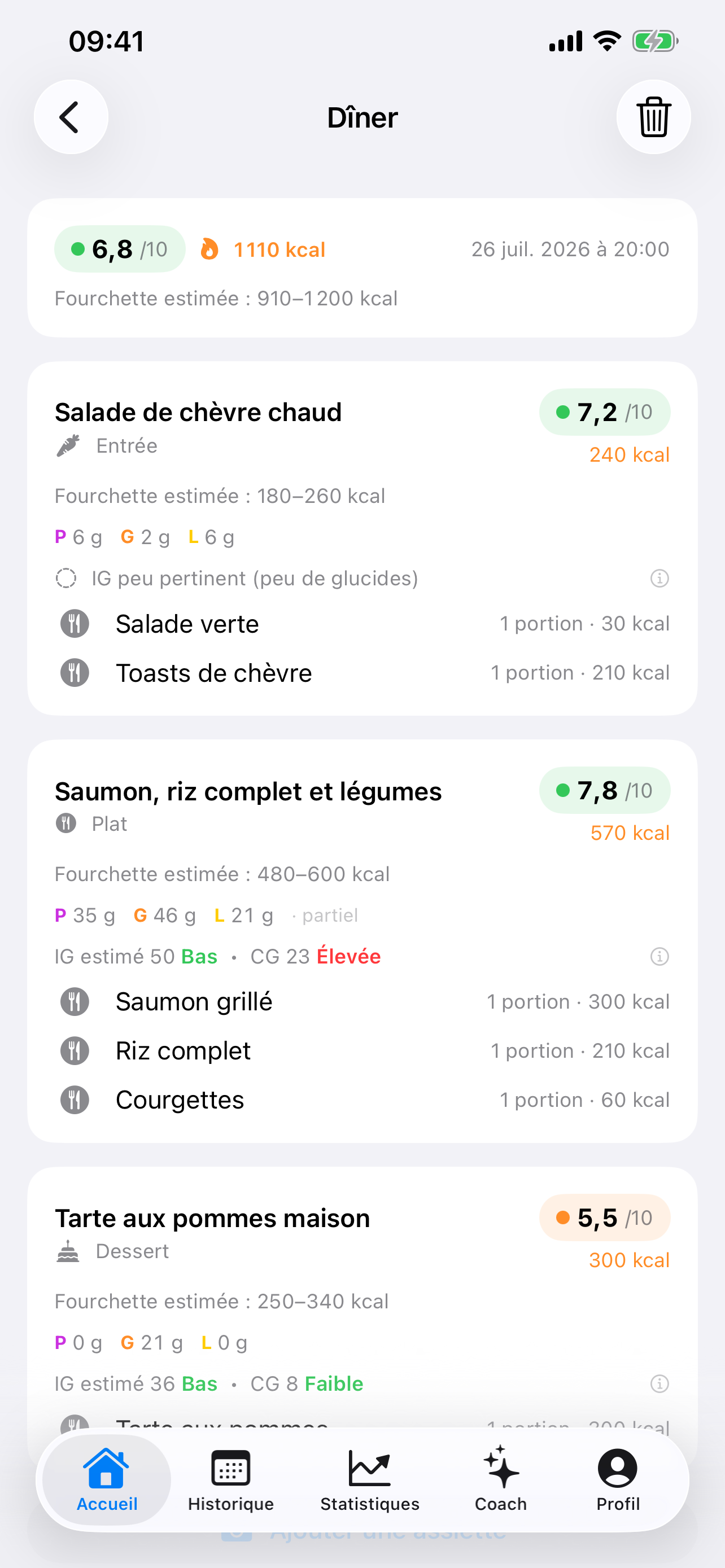 Écran TrackUrNutri : Macros et charge glycémique