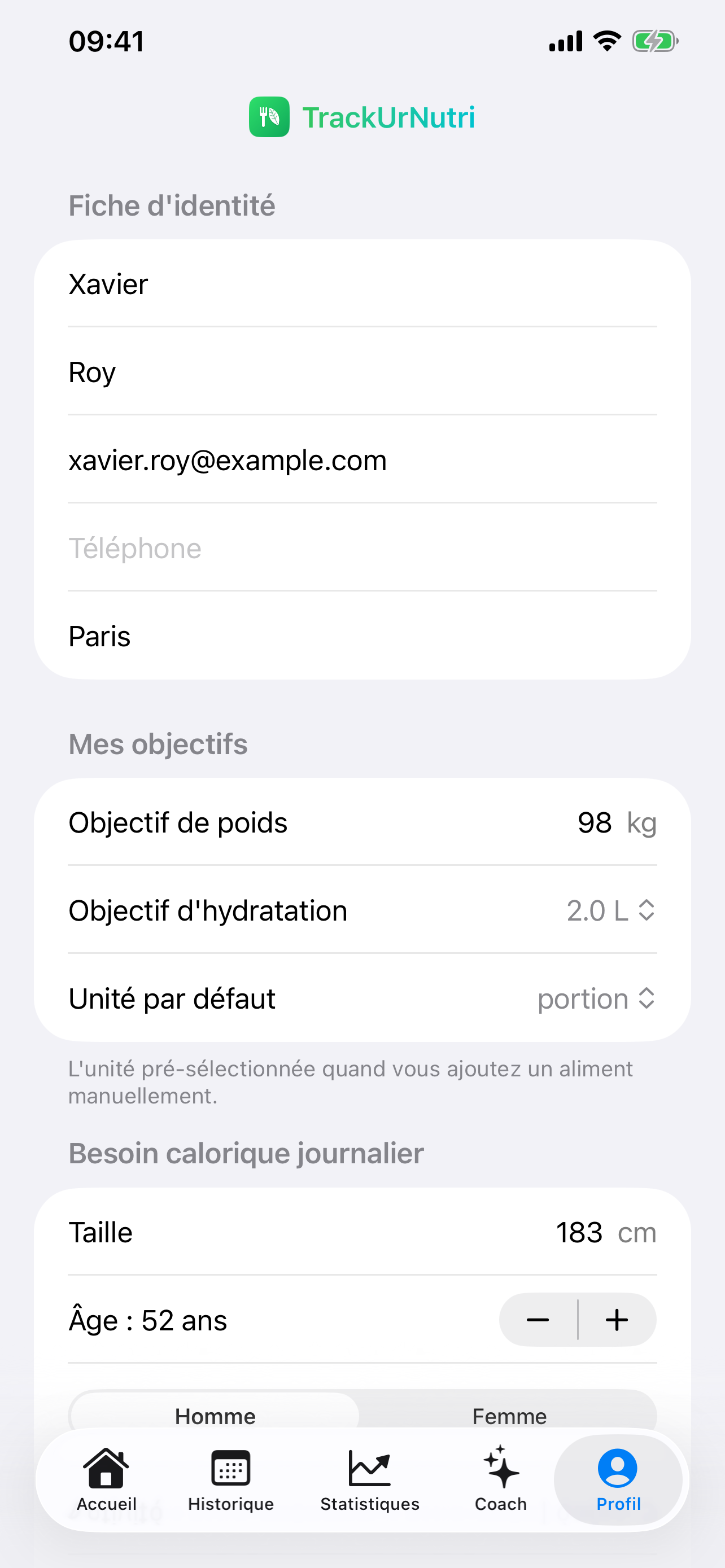 Écran TrackUrNutri : Objectifs personnalisés