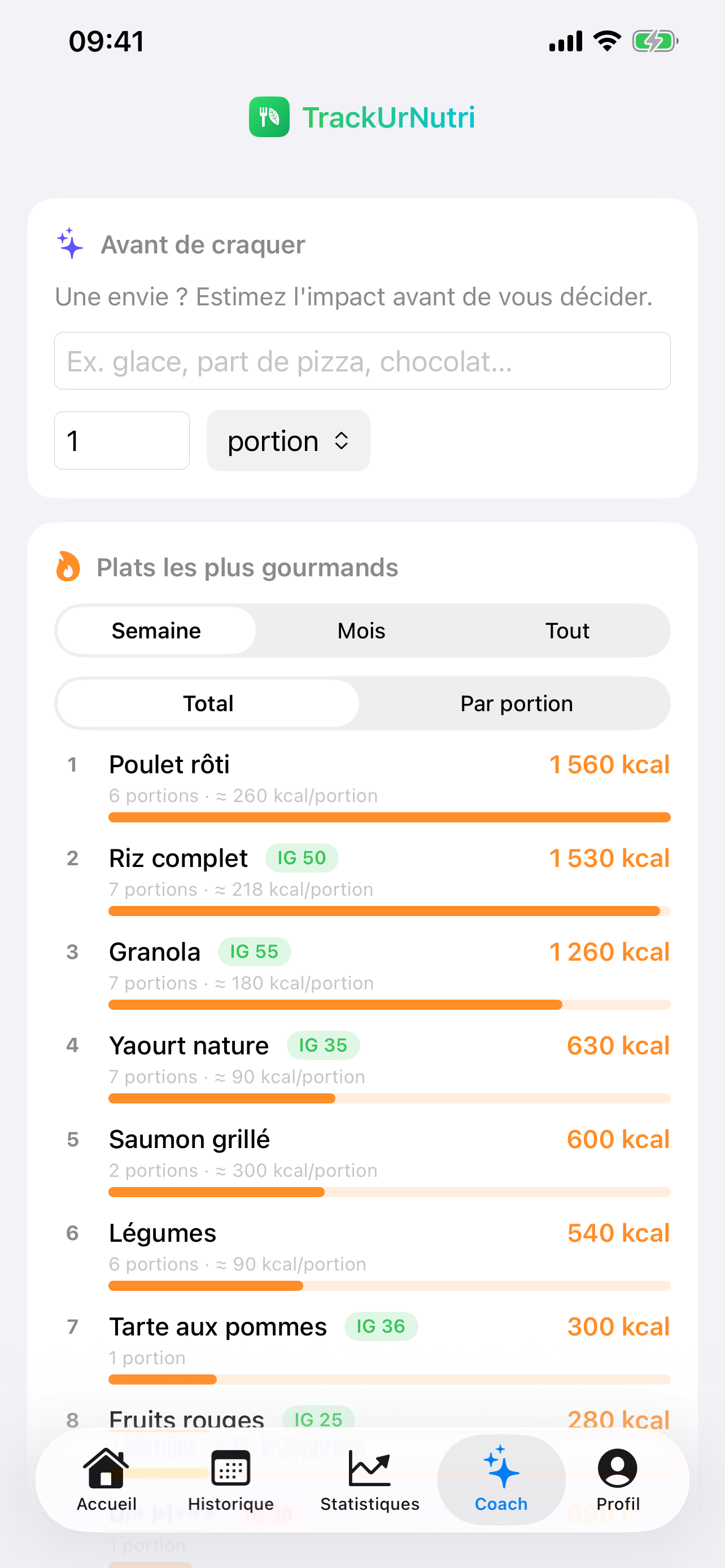 Écran TrackUrNutri : Coach nutritionnel